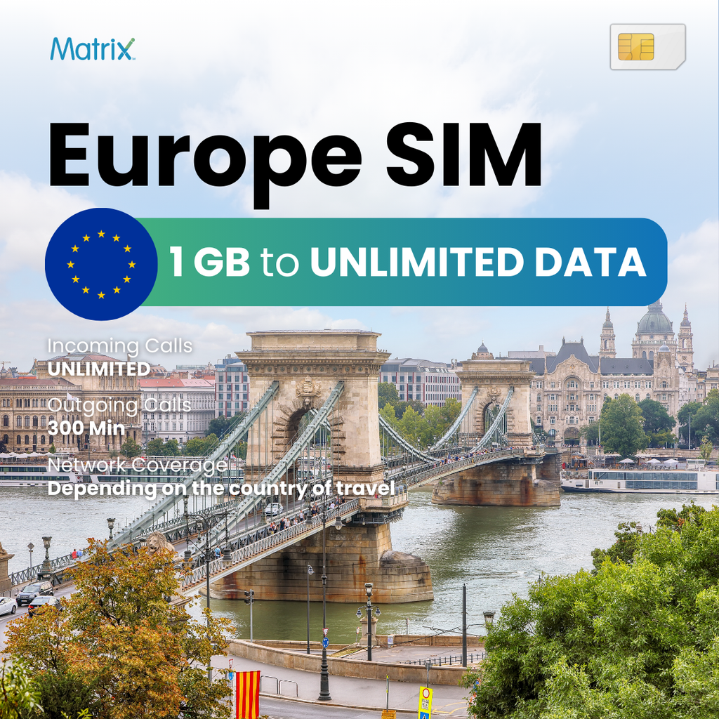 Europe 1GB to unlimited data prepaid SIM with unlimited incoming calls, 300 minutes outgoing calls, compatible with Android & iPhones