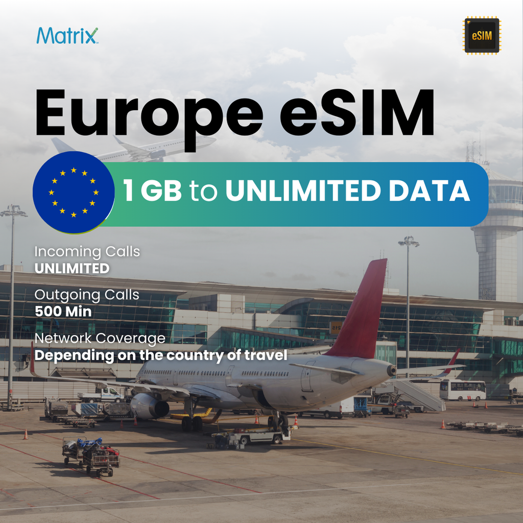 Europe eSIM with 1GB to unlimited data, affordable prepaid travel SIM, instant activation, compatible with Android and iPhones