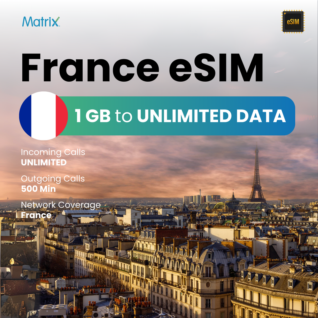 France eSIM with 1GB to unlimited data, affordable prepaid travel SIM, instant activation, compatible with Android and iPhones