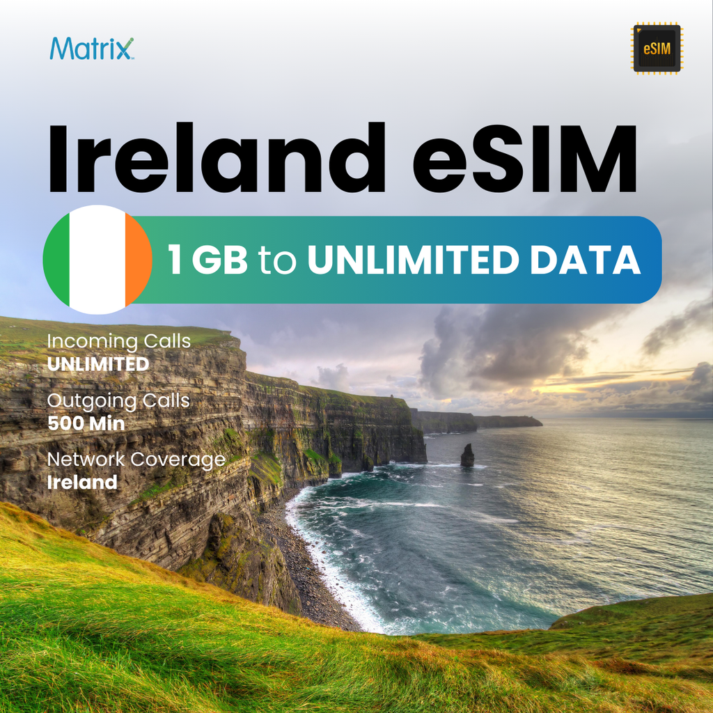 Ireland eSIM with 1GB to unlimited data, affordable prepaid travel SIM, instant activation, compatible with Android and iPhones