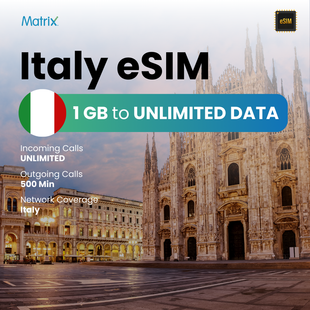 Italy eSIM with 1GB to unlimited data, affordable prepaid travel SIM, instant activation, compatible with Android and iPhones