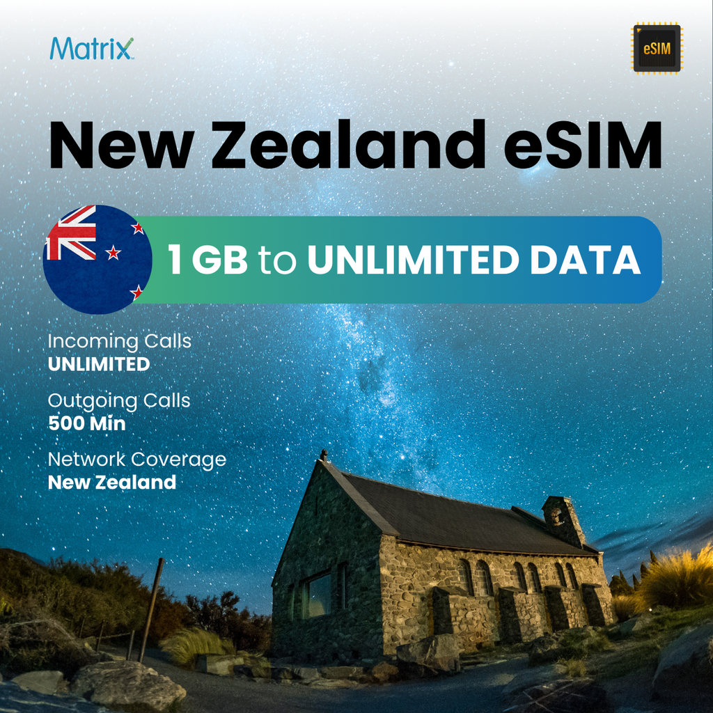 New Zealand eSIM with 1GB to unlimited data, affordable prepaid travel SIM, instant activation, compatible with Android & iPhones