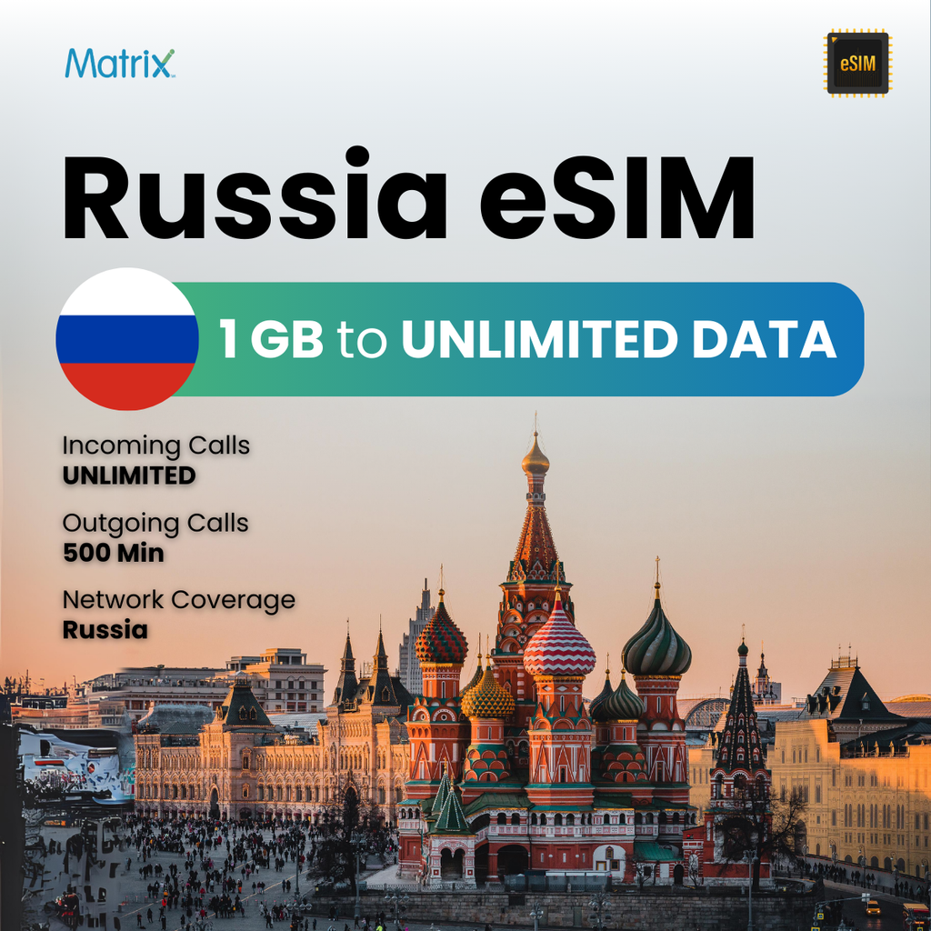 Russia eSIM with 1GB to unlimited data, affordable prepaid travel SIM, instant activation, compatible with Android & iPhones