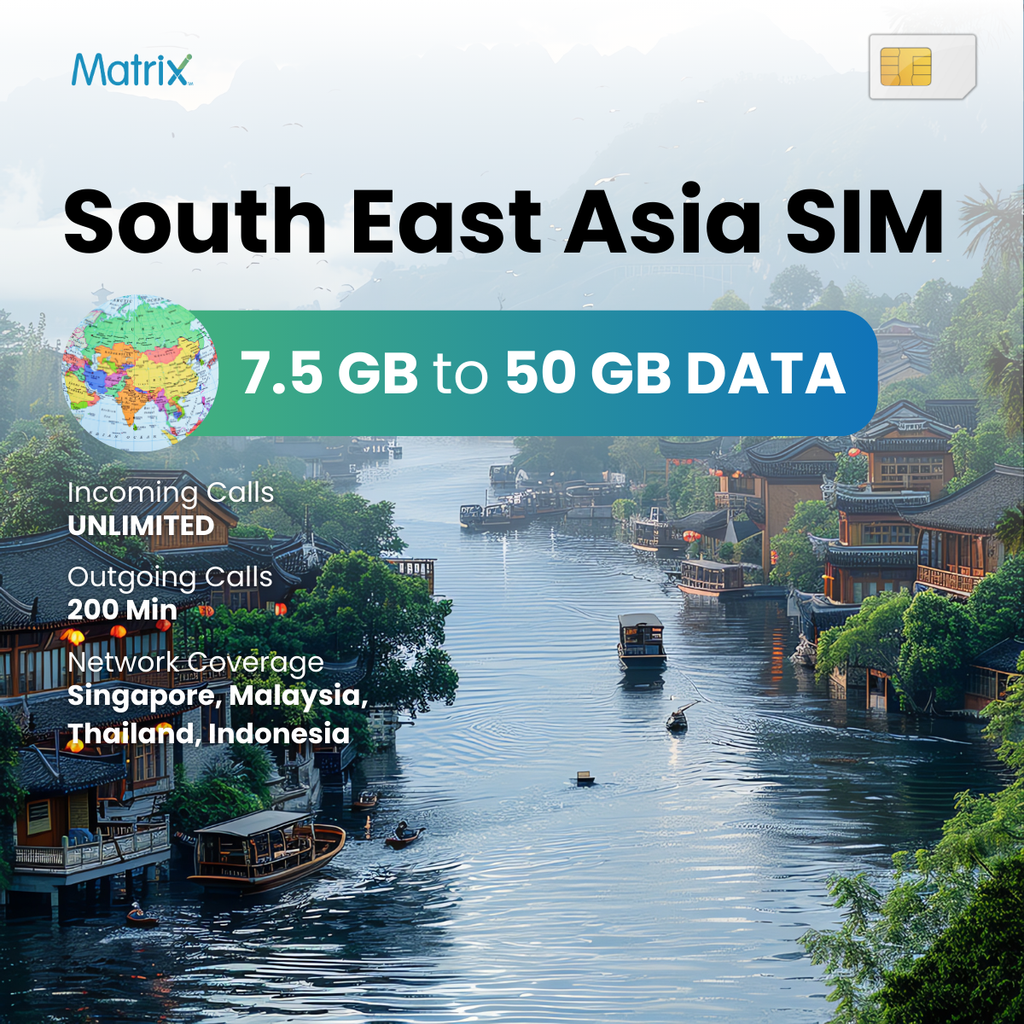 South East Asia 7.5GB to 50GB data prepaid SIM with unlimited incoming calls, 200 minutes outgoing calls, compatible with Android & iPhones