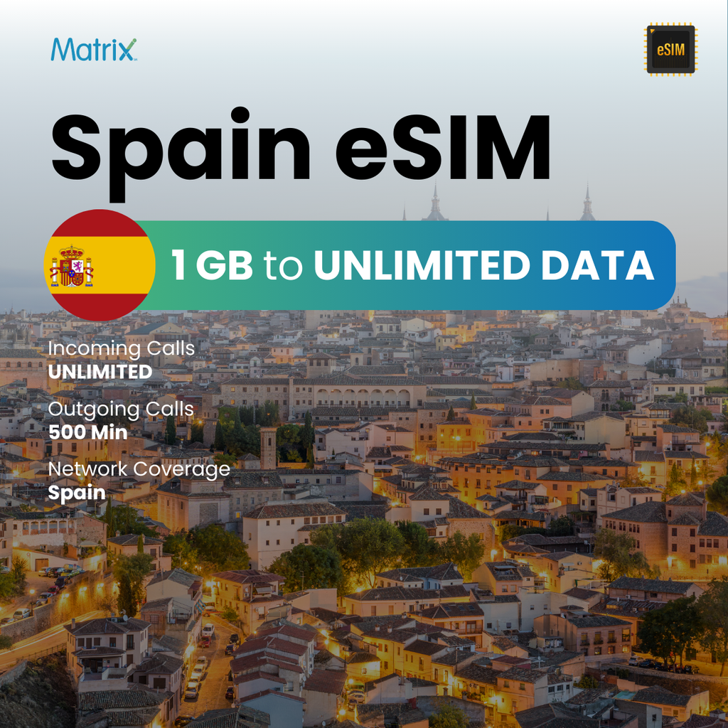 Spain eSIM with 1GB to unlimited data, affordable prepaid SIM, instant activation, compatible with Android & iPhones