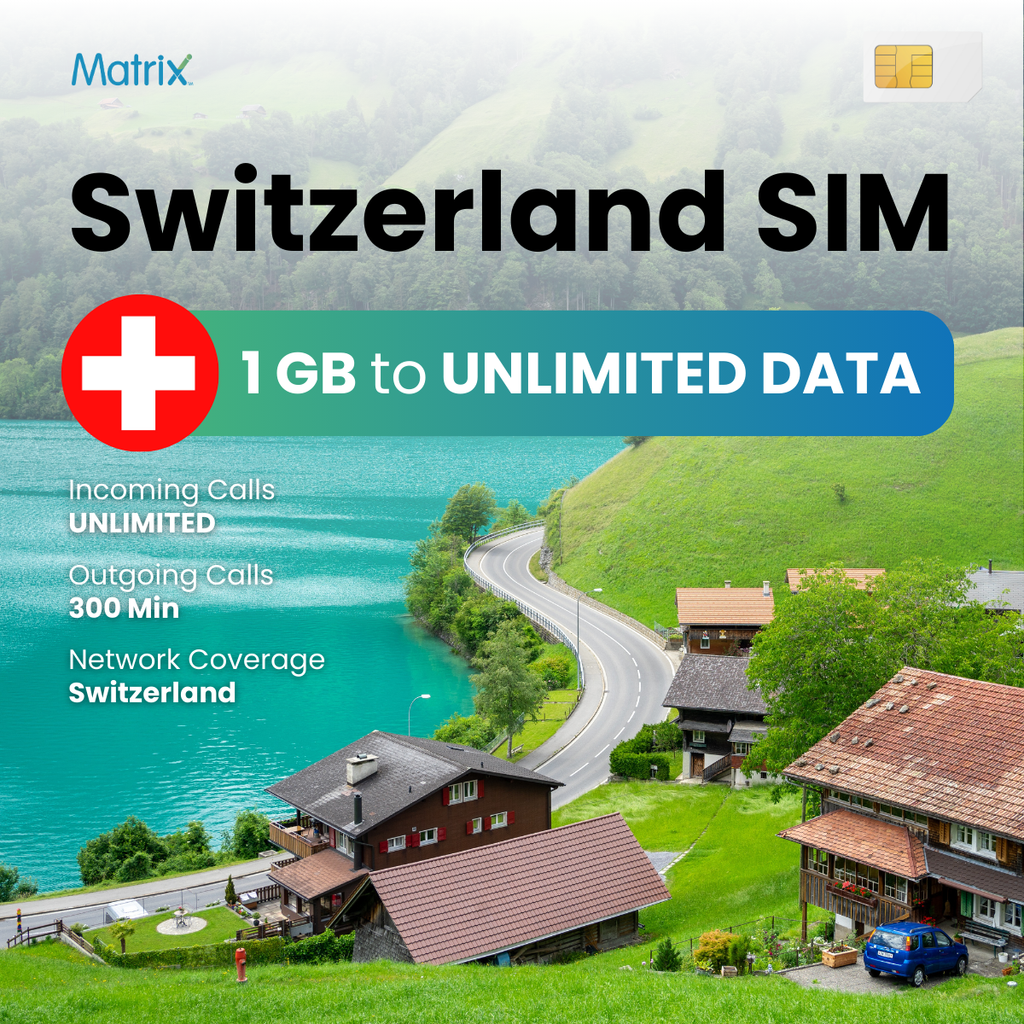 Switzerland prepaid SIM with 1GB to unlimited data, unlimited incoming calls, 300 minutes outgoing calls, compatible with Android & iPhones