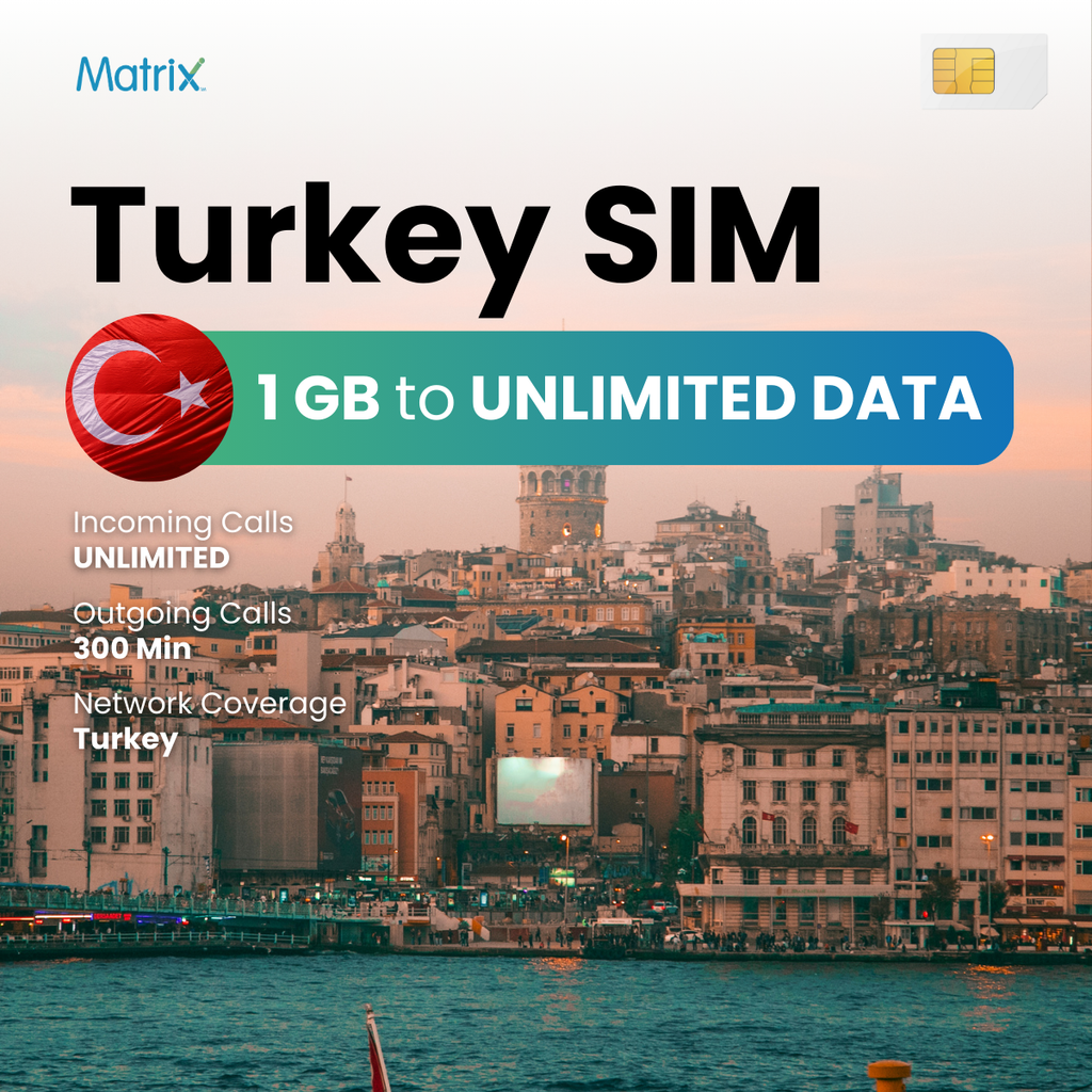 Turkey prepaid SIM with 1GB to unlimited data, unlimited incoming calls, 300 minutes outgoing calls, compatible with Android & iPhones