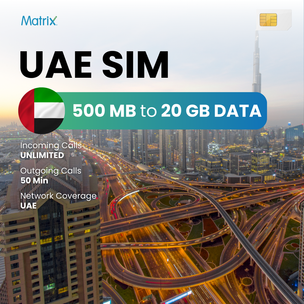 UAE/Dubai prepaid SIM with 500MB to 20GB Data, unlimited incoming calls, 50 minutes outgoing calls, compatible with Android & iPhones