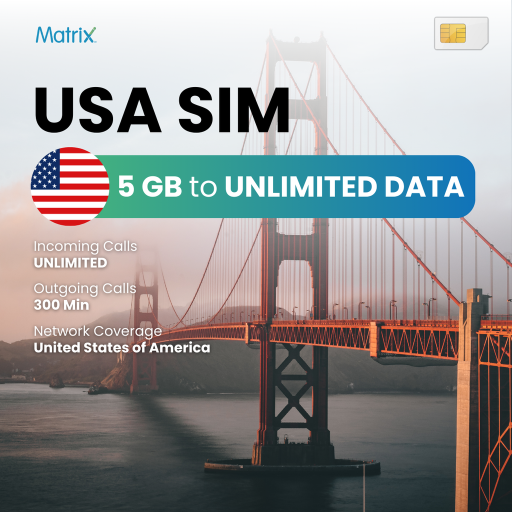 USA prepaid SIM with 5GB to unlimited data, unlimited incoming calls, 300 minutes outgoing calls, compatible with Android & iPhones